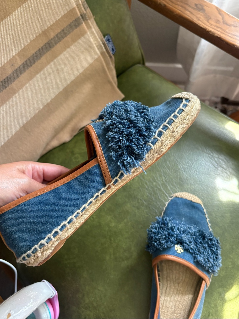 Tory Burch Blue Denim Shaw Espadrilles Flats Size 8 ballet flats fringe - Picture 10 of 13